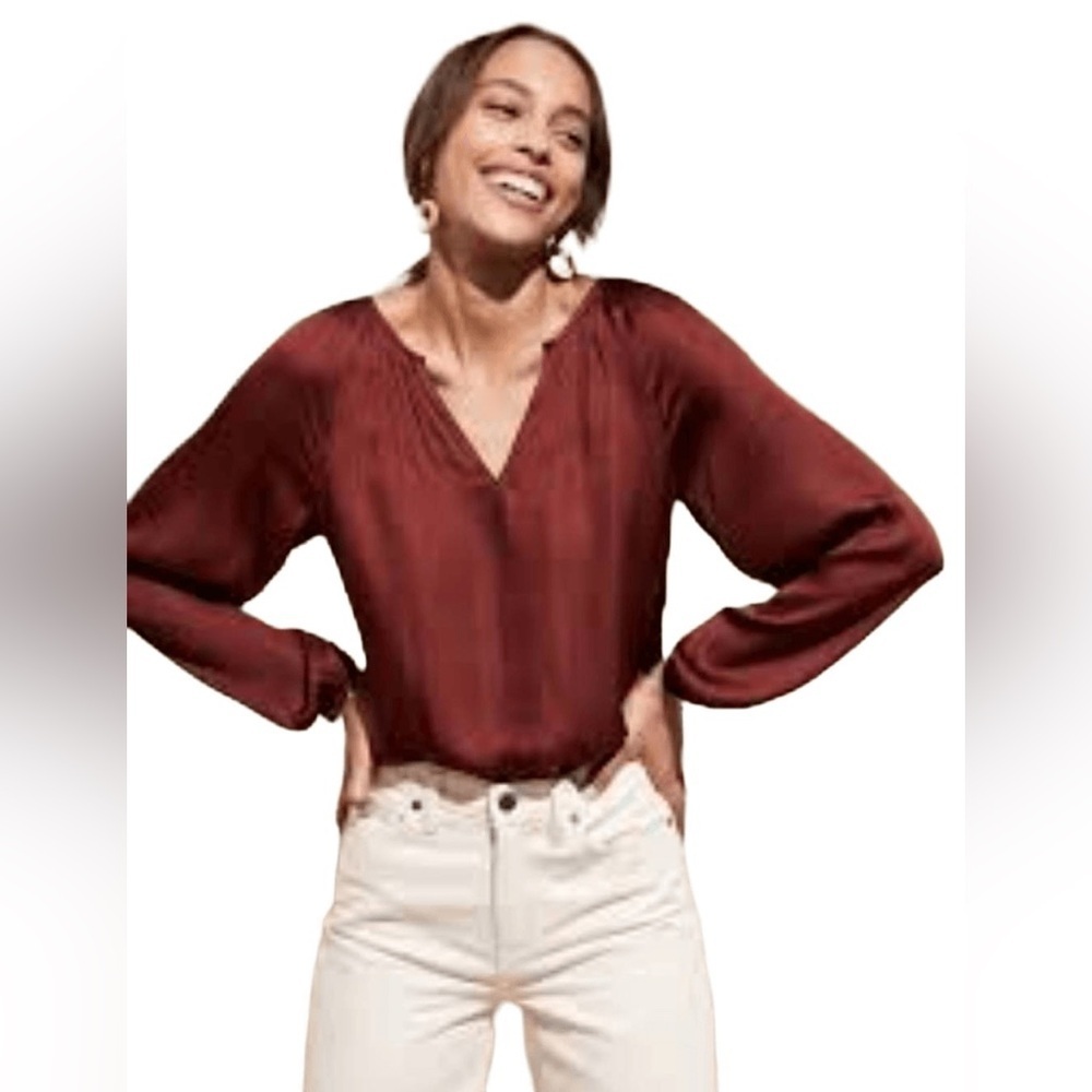 NWT Banana Republic Burnt Caramel Satin Balloon Sleeve Blouse Top size XS‎
